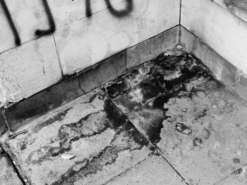 Black and white image of a corner with a tiled floor and a wall adorned with graffiti.