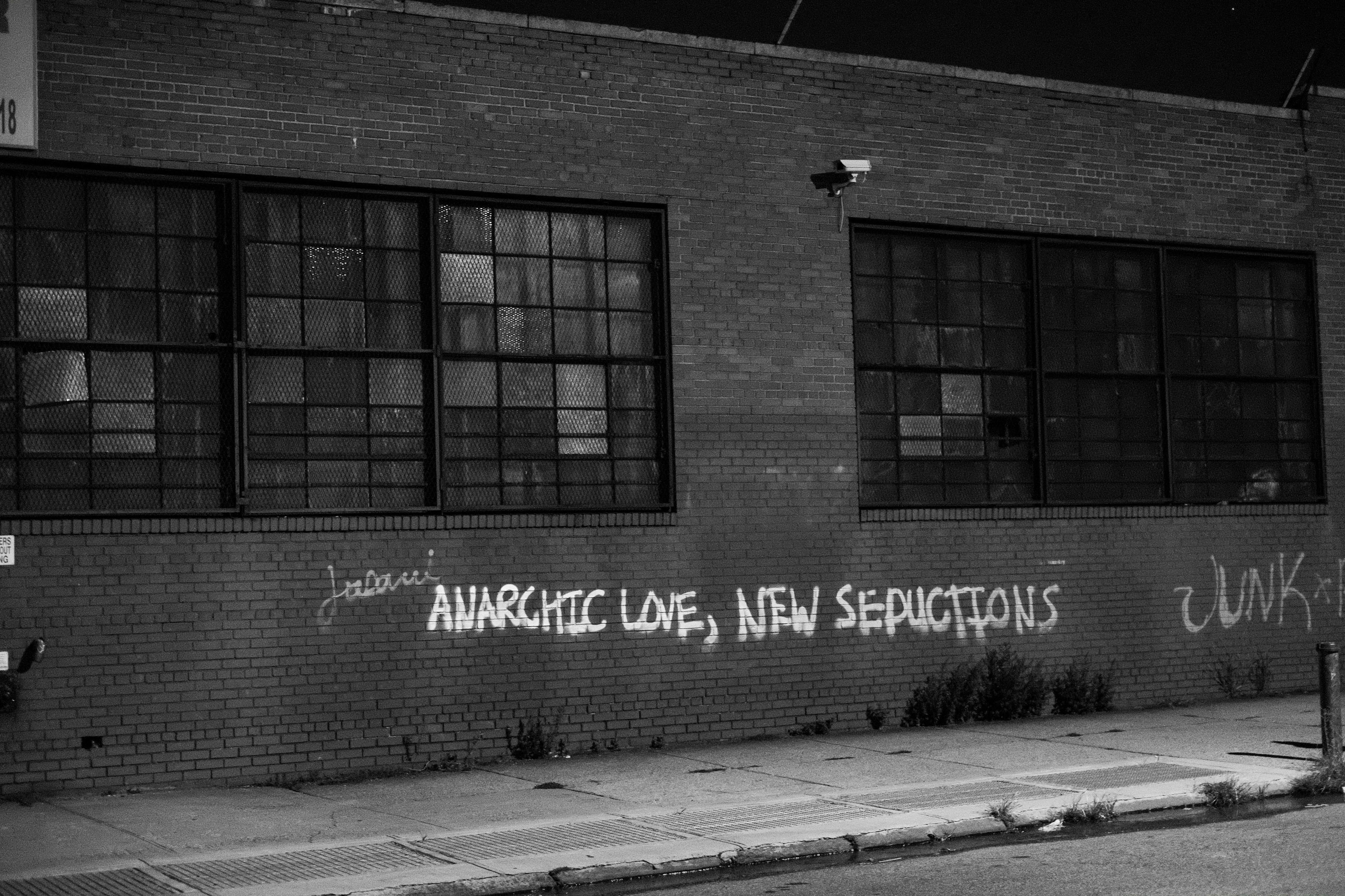 Graffiti on a brick wall with barred windows reading 'Anarchic Love, New Sepuctions.'
