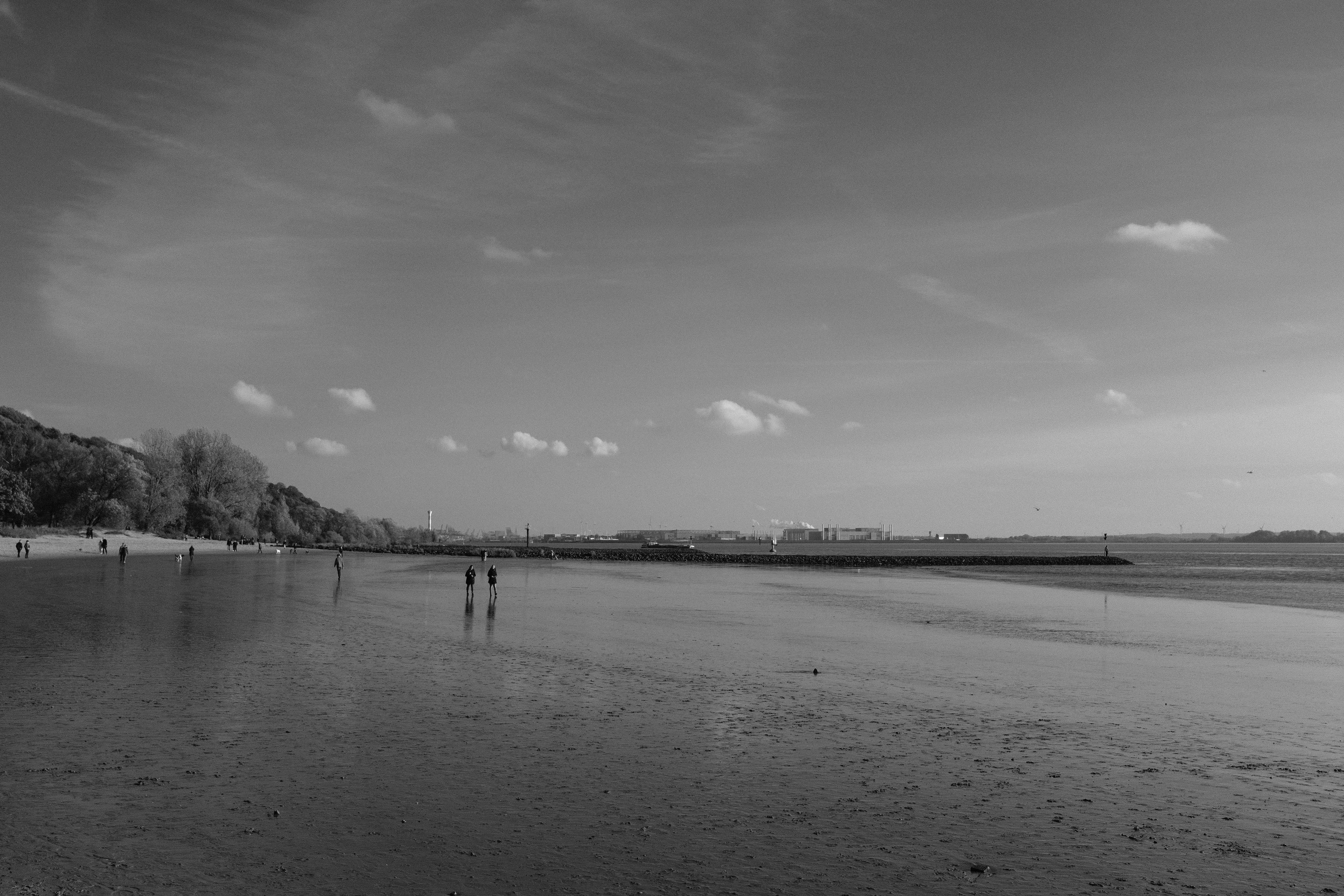 Black and white photo of a beach with people walking along the shore and a distant industrial skyline.