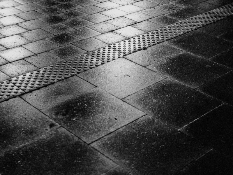 Black and white photo of wet pavement with textured tiles forming a diagonal line.