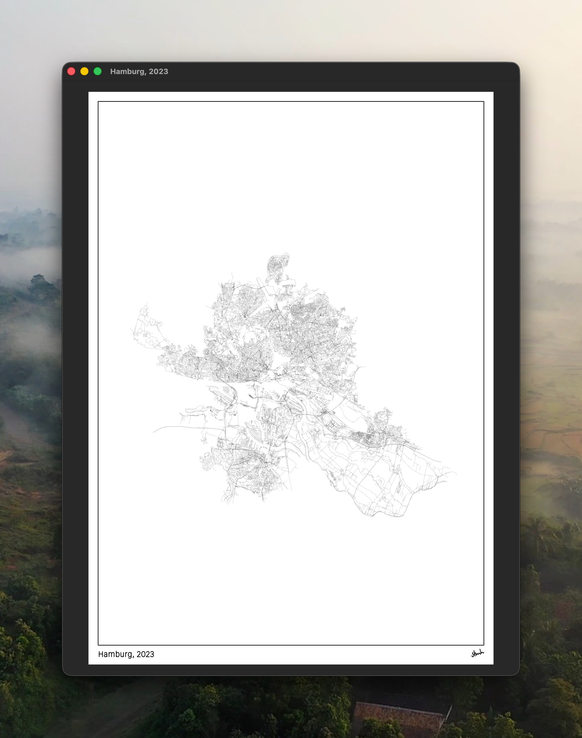 Screenshot of the viewer application showing a map of Hamburg with frame and title