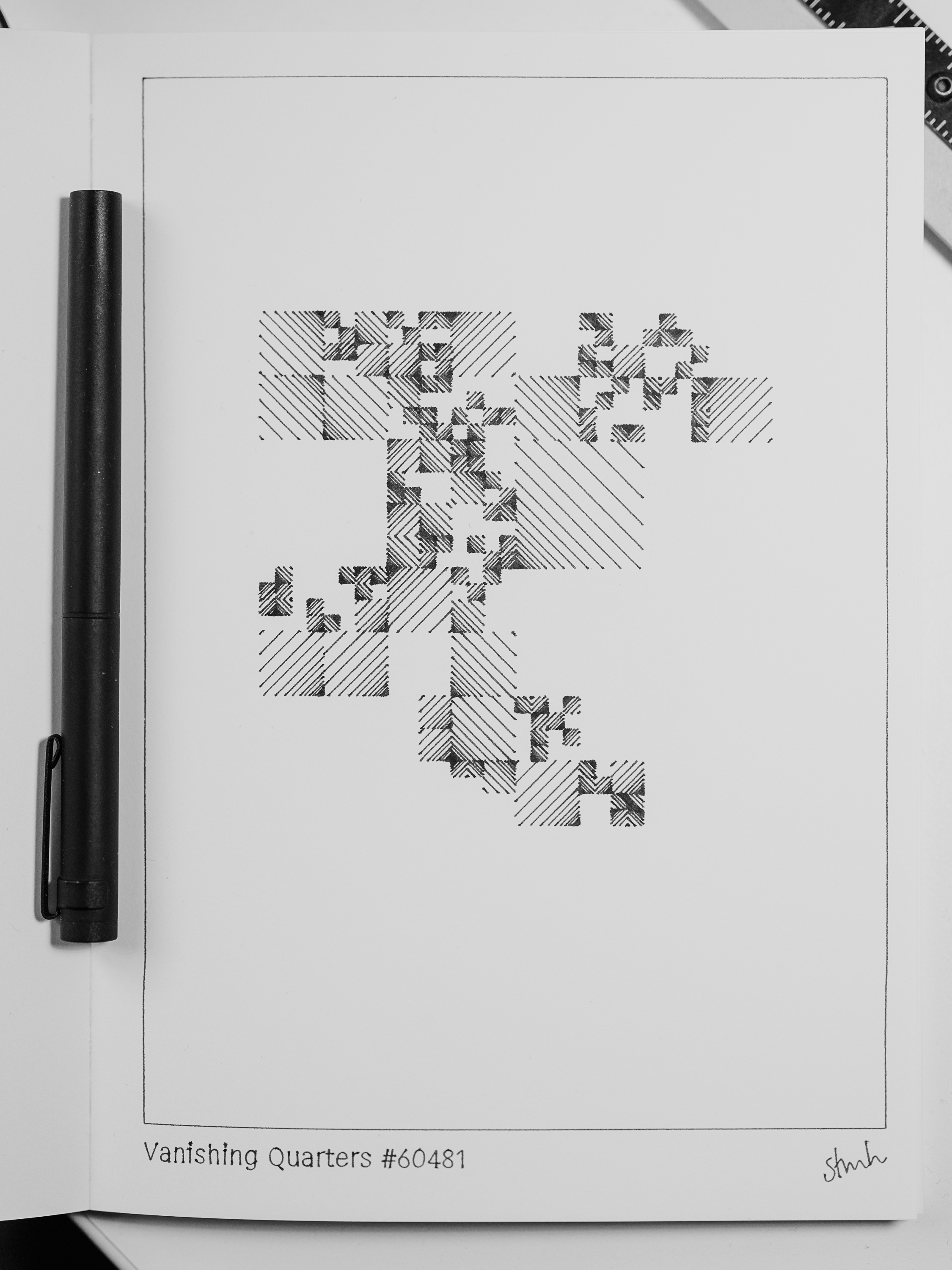 Vanishing Quarters #60481, an irregular cluster of nested hatched squares dissolving outward into white space