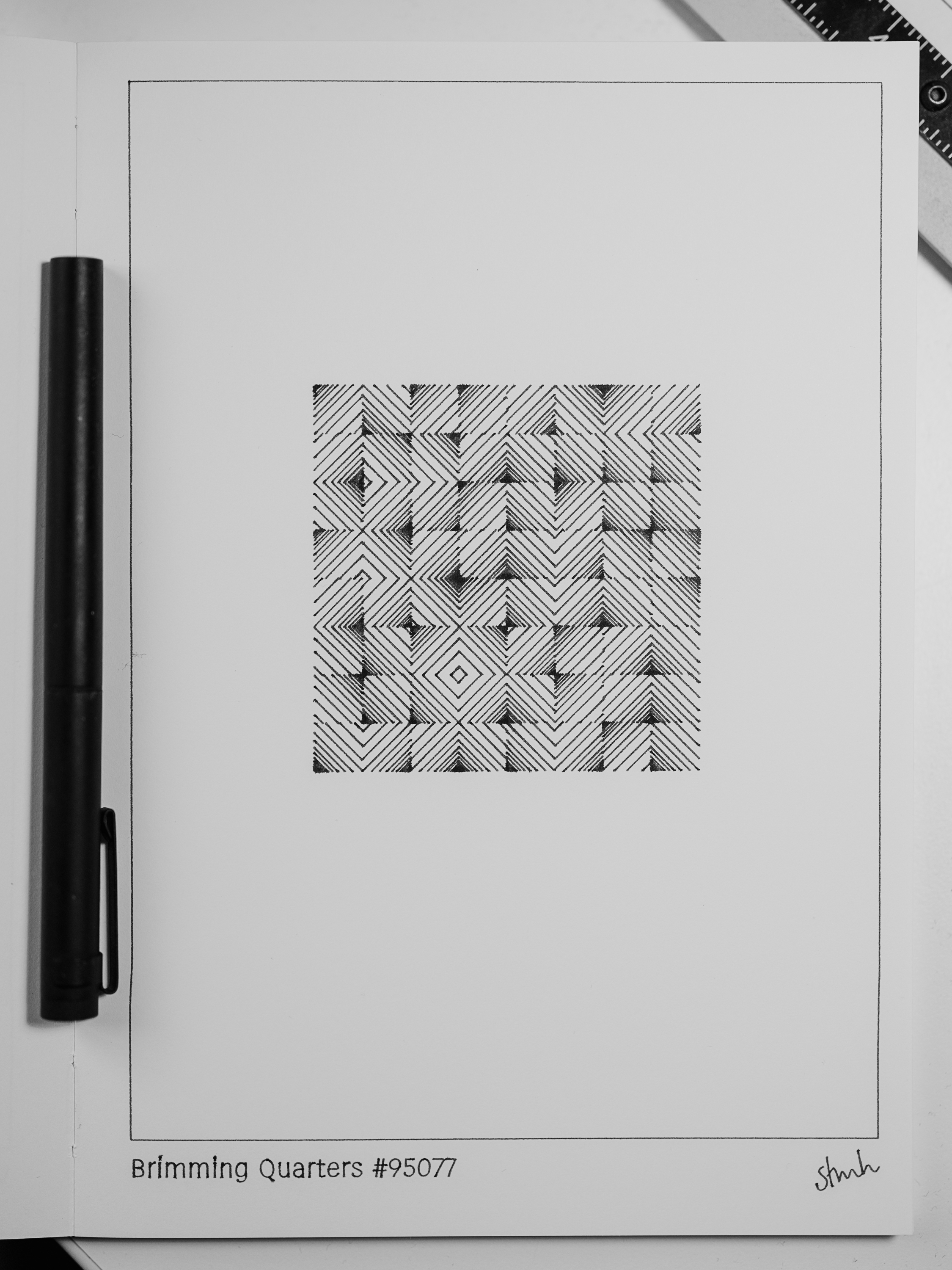 Brimming Quarters #95077, a dense square of nested chevron hatching plotted in black ink on cream paper